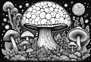 Psychedelic mushroom rocket bursting out of bubble into spiritual realm tattoo idea