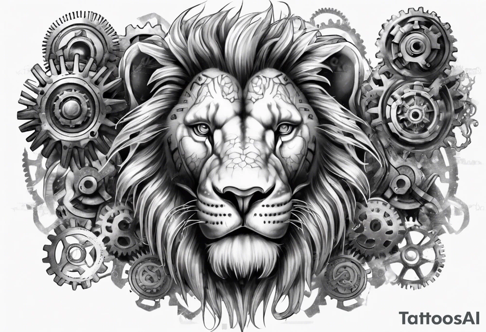 Biomechanical lion with gears inside tattoo idea