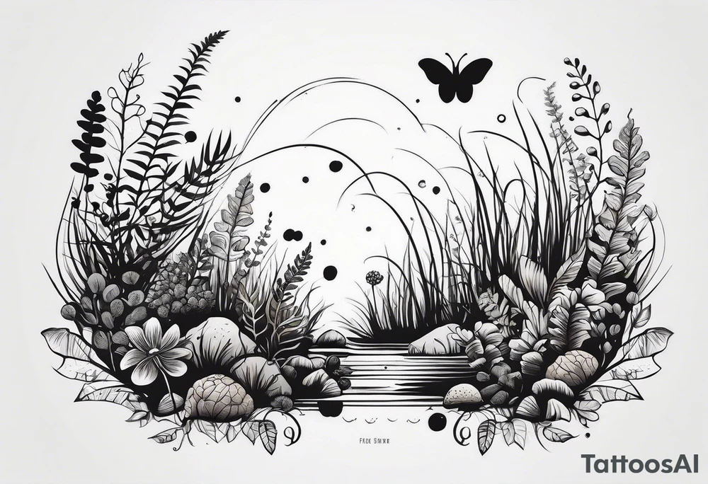 forest floor inspired minimalist tattoo, which includes grass, curly ferns, moss and dead leaves as the bulk of the tattoo. details to include: forest berries, a tiny bumblebee flying nearby, three small brown mushrooms
Generate a vertically long one tattoo idea