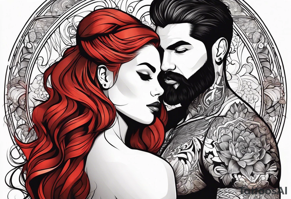 Busty red haired woman with a bearded man who has black hair tattoo idea