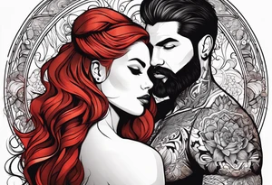 Busty red haired woman with a bearded man who has black hair tattoo idea
