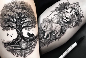 Tree of life arm tattoo into woman and lion tattoo idea