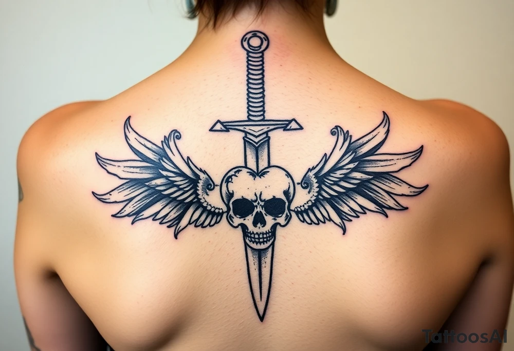 weathered guard sword going down spine with a skull heart tattoo idea
