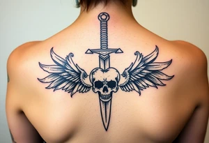 weathered guard sword going down spine with a skull heart tattoo idea