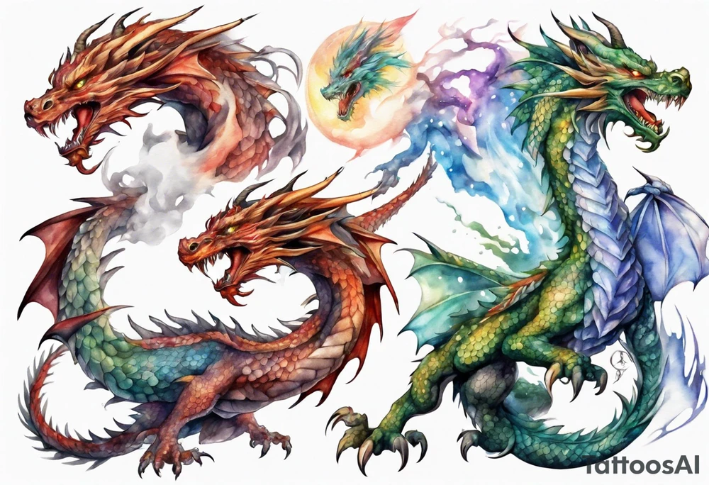 realistic mystic dragons fighting tattoo idea