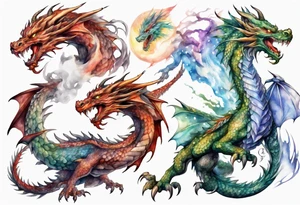 realistic mystic dragons fighting tattoo idea