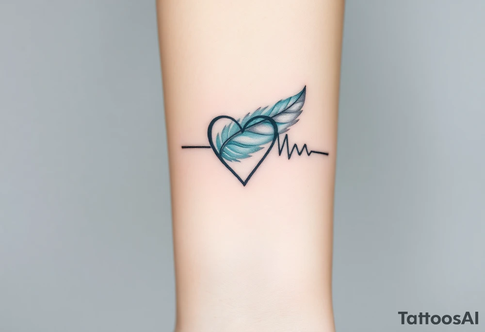 A heartbeat line curving around a delicate feather, colored in shades of teal, gray, and silver, representing lightness and freedom. tattoo idea