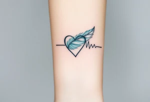A heartbeat line curving around a delicate feather, colored in shades of teal, gray, and silver, representing lightness and freedom. tattoo idea