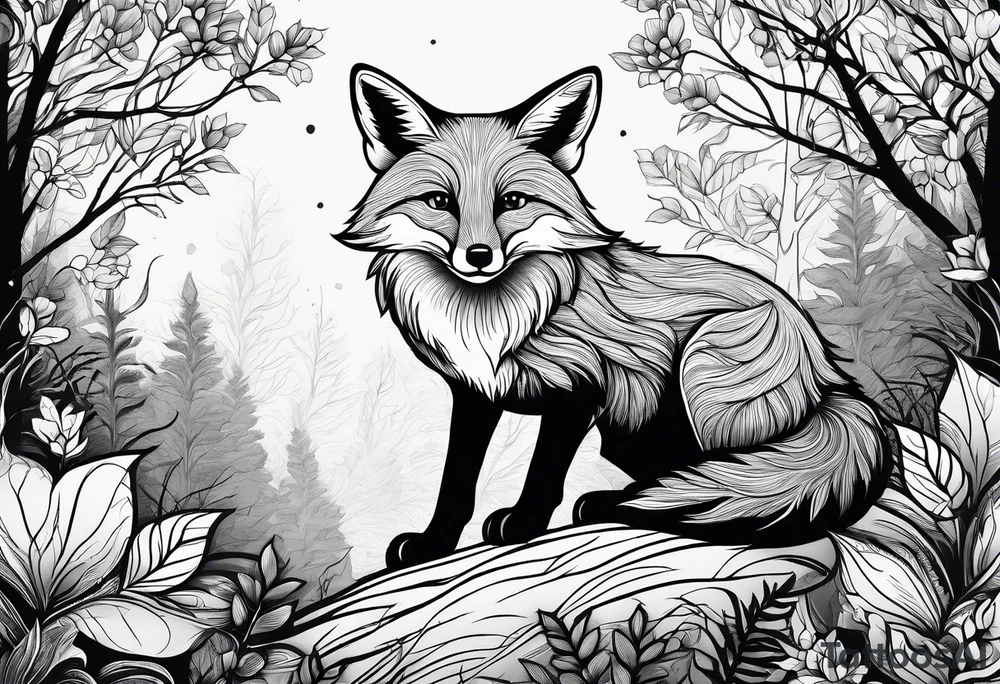 A playful fox with a bushy tail, set in a lush forest, illustrating cleverness and adaptability.” tattoo idea