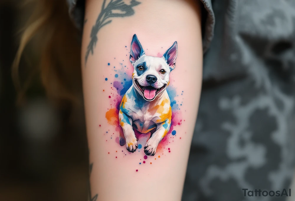 Stafford in Watercolor Style – A cheerful Stafford dog mid-run, surrounded by splashes of vibrant blue, pink, and yellow watercolor strokes. tattoo idea