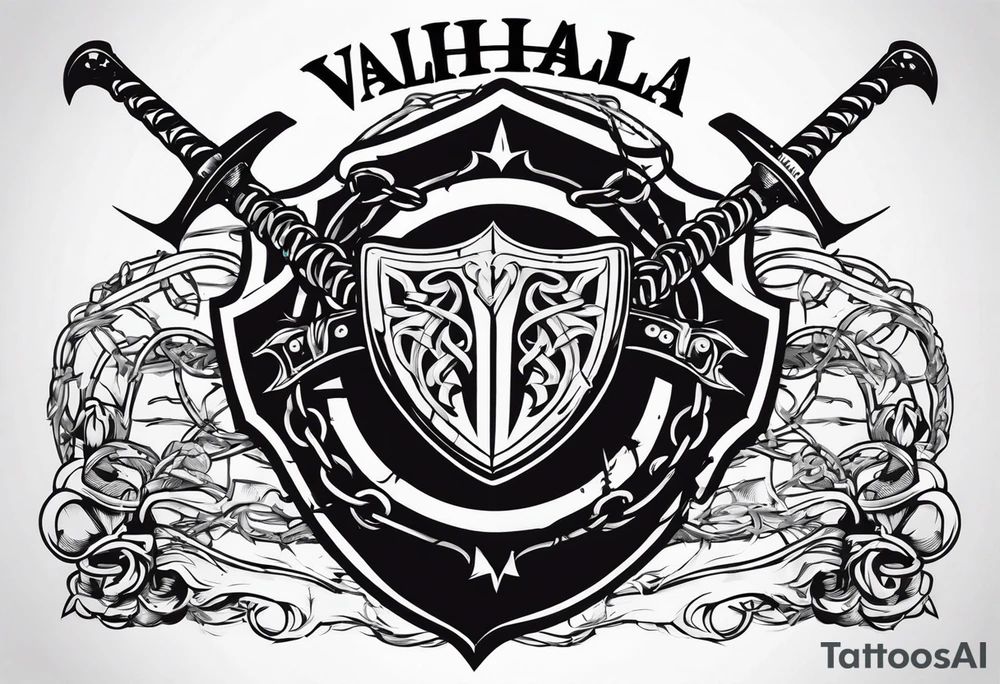 Valhalla sword shield axe barbed wire chains dark cloud tattoo idea