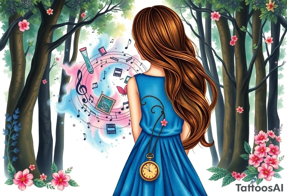 Back view of the silhouette of a brown hair girl in a blue dress inside a forest. She is following a colorful swirl of music notes, books, and flowers. A pocket watch is at the end of the swirl. tattoo idea