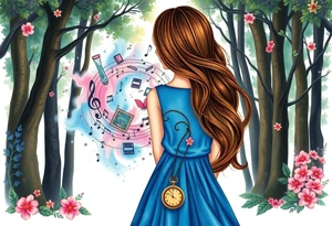 Back view of the silhouette of a brown hair girl in a blue dress inside a forest. She is following a colorful swirl of music notes, books, and flowers. A pocket watch is at the end of the swirl. tattoo idea