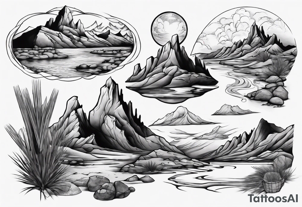 Desert river with dramatic mountains behind tattoo idea