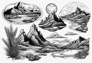 Desert river with dramatic mountains behind tattoo idea