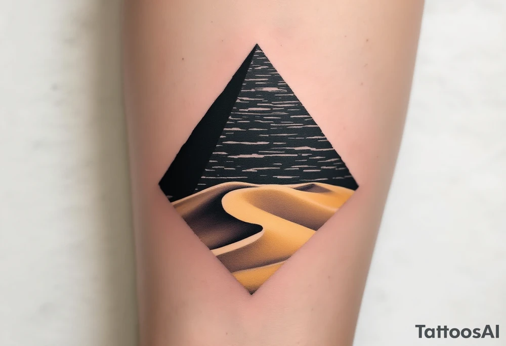 A jet-black pyramid casting a shadow over a golden sand dune. tattoo idea