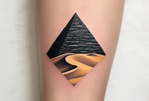 A jet-black pyramid casting a shadow over a golden sand dune. tattoo idea