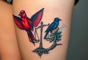 one of the birds red wearing a suit, other bird navy blue with glasses or holding a book, scales of justice built into a tree, starry night painting and mountain background tattoo idea