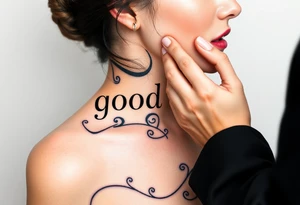 Obedient woman with a man’s hand squeezing her face and thumb in her mouth. Text saying “good girl” in traditional style over top tattoo idea