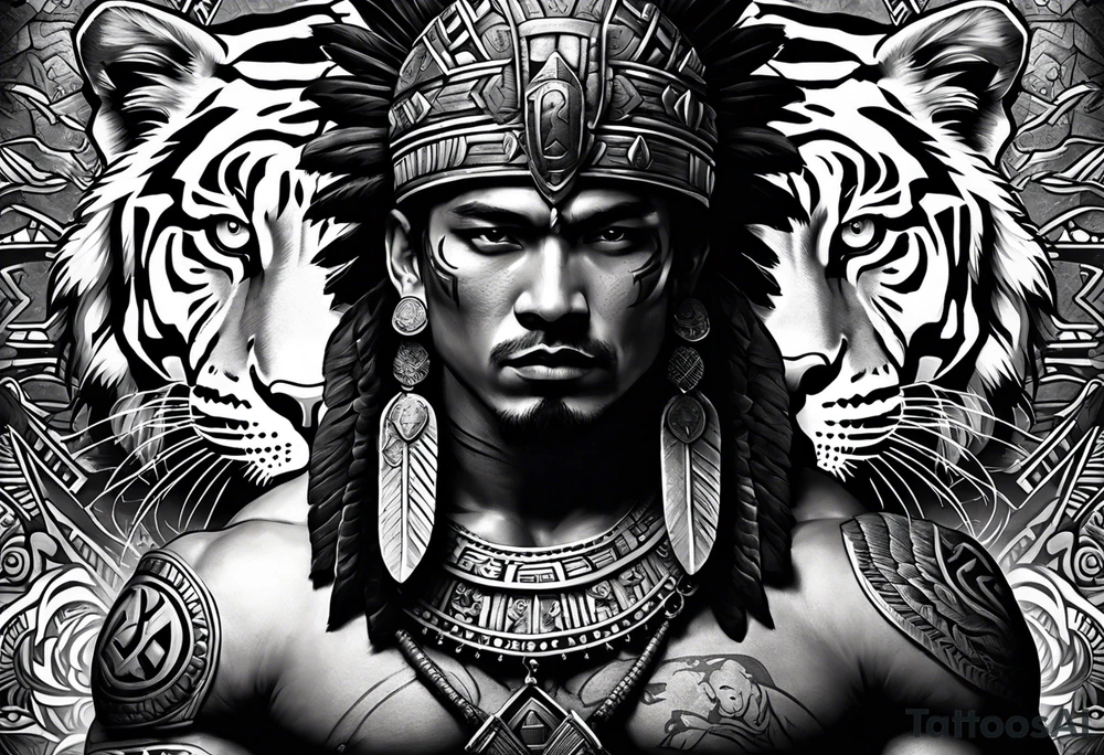 Aztec warrior full body with aztec symbols in the back ground and a tiger pelt on the warriors head tattoo idea