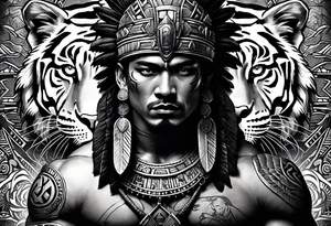 Aztec warrior full body with aztec symbols in the back ground and a tiger pelt on the warriors head tattoo idea