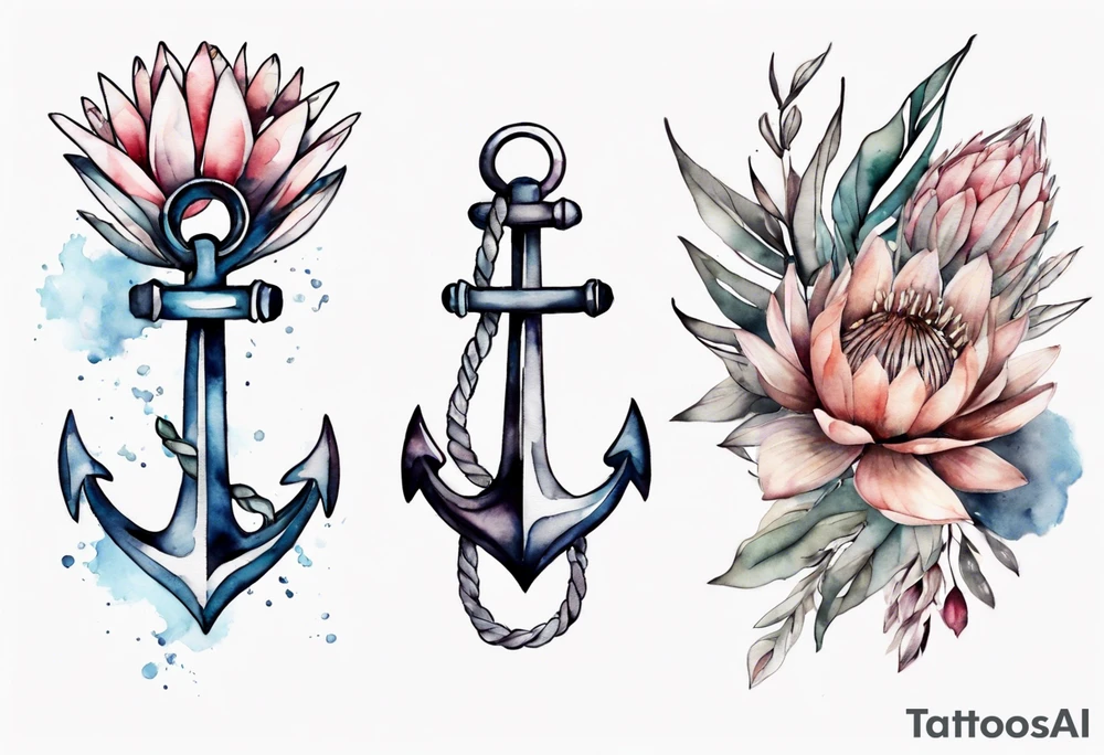 Very feminine tattoo of an anchor with protea flowers tattoo idea