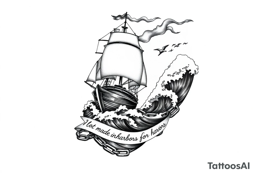 Ships are safest in harbor, but that’s not where built for. Modern take might or no sails. Ocean with volcanoes. 2. **Harbor Chains** – Broken beneath the ship’s hull, symbolizing leaving safety behind.  
3. **Waves** – Calm near the harbor (smooth lines), stormy ahead (jagged, dark shading).  
4. **Light Contrast** – A beam of light (or lighthouse glow) cutting through the storm, guiding the ship.  
5. **Subtle Text** – *"Not made for harbors"* in small, elegant script along a banner or wave. tattoo idea
