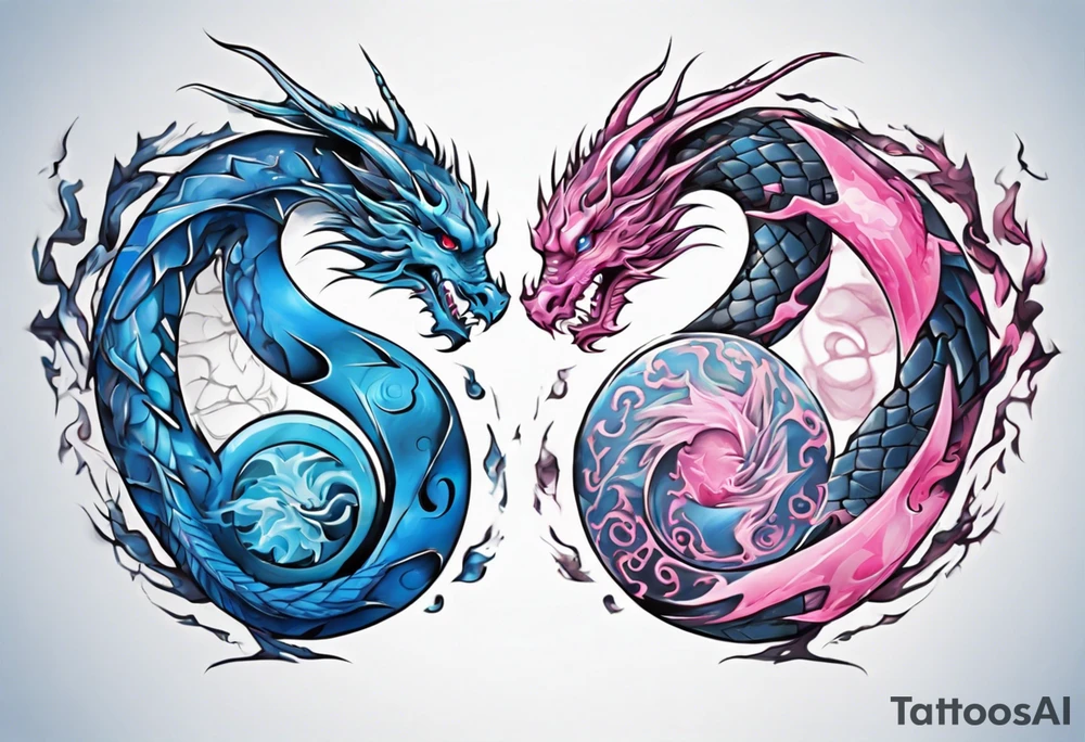 ying yang dragon stones blue & pink tattoo idea