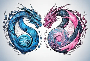 ying yang dragon stones blue & pink tattoo idea
