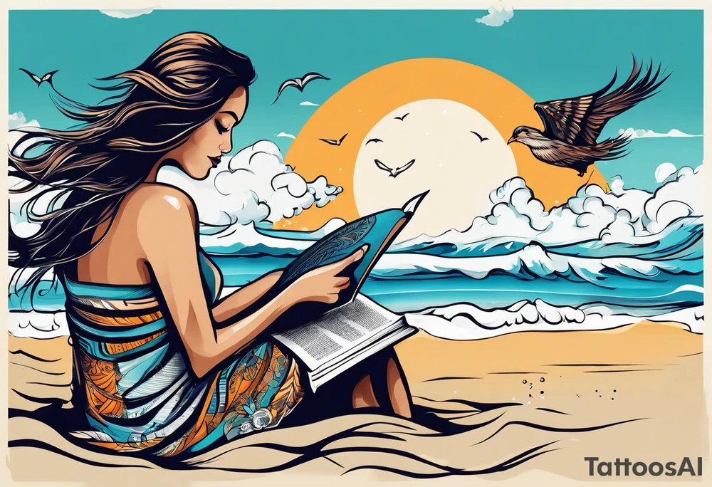 Someone is sitting on the beach reading a book and the pages are flying in the wind, the purpose of the tattoo is to emphasize that just as the pages are flying in the wind, you also have to flip through situations in life tattoo idea