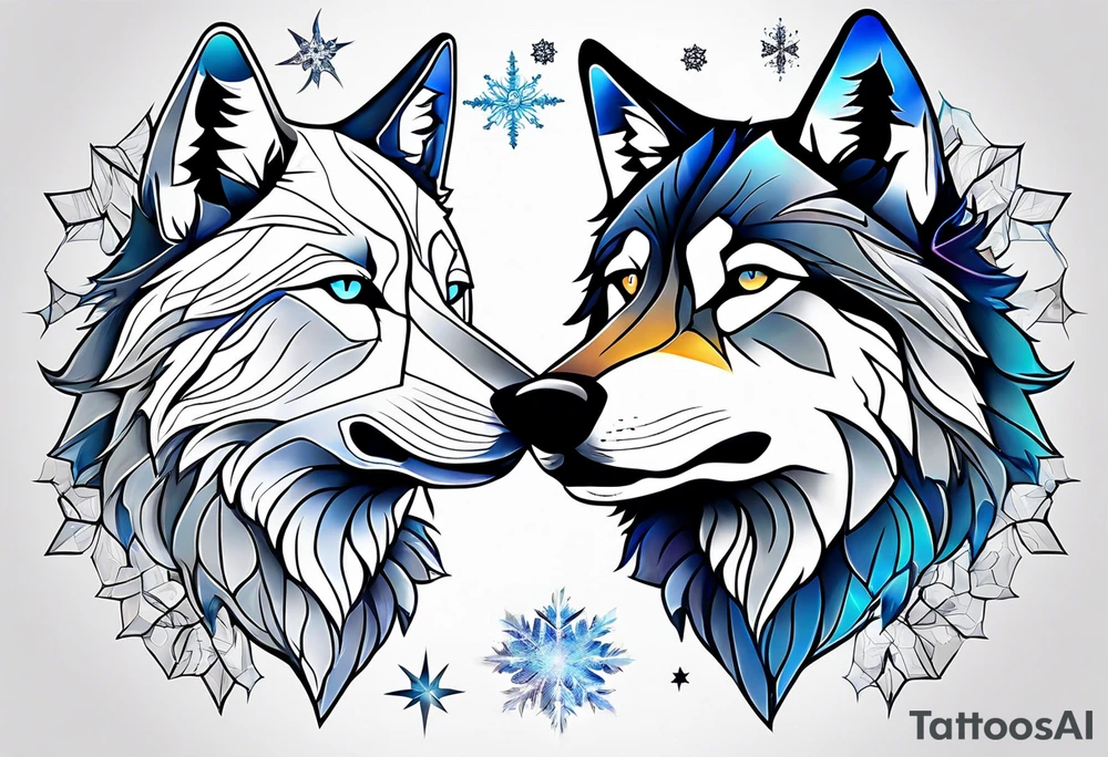 Constellation, two animal wolf, snowflake tattoo idea