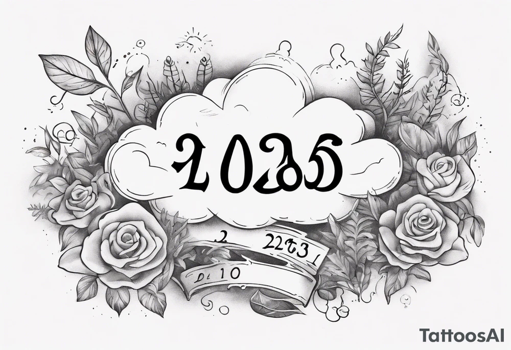 a forearm tattoo with a cloud with little plants and underneath it the date 12.08.05 tattoo idea