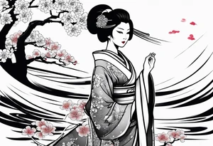 Geisha with a dress and a fan, traditional japanese, tattoo idea