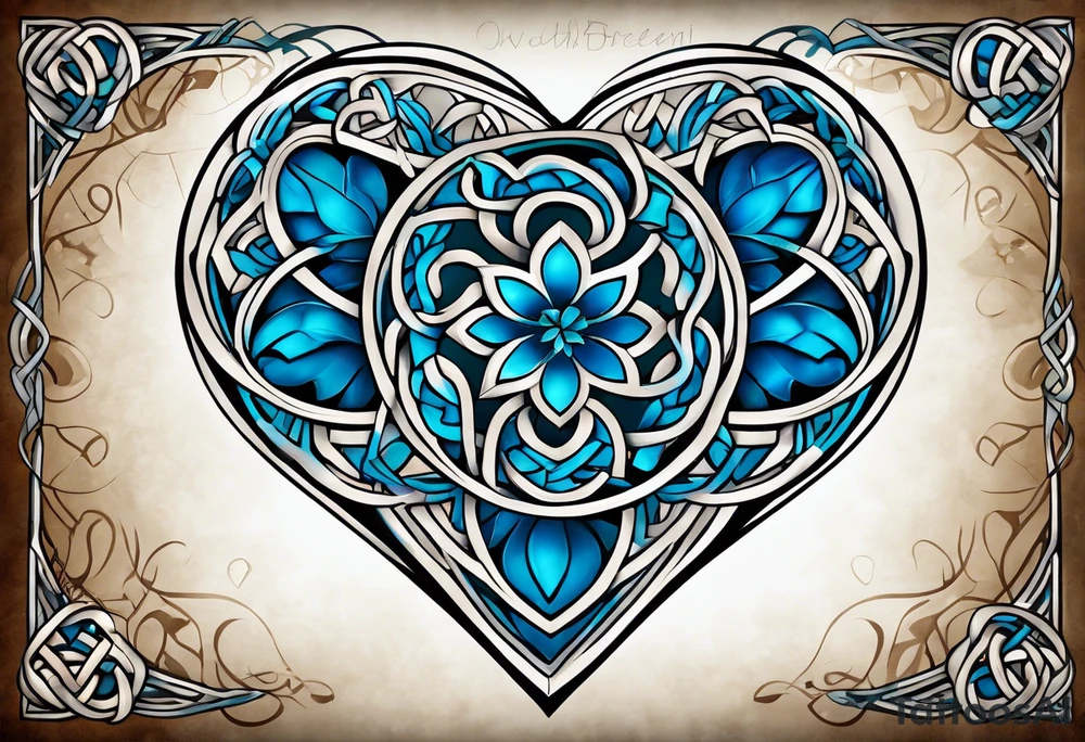 celtic knot blue breen witb one heart on one clover tattoo idea