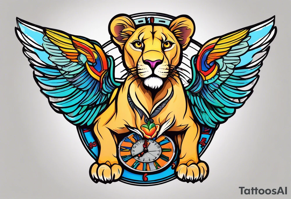 Lioness with wings clock tattoo idea