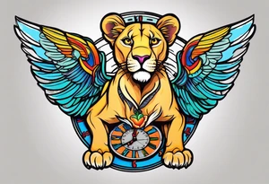 Lioness with wings clock tattoo idea