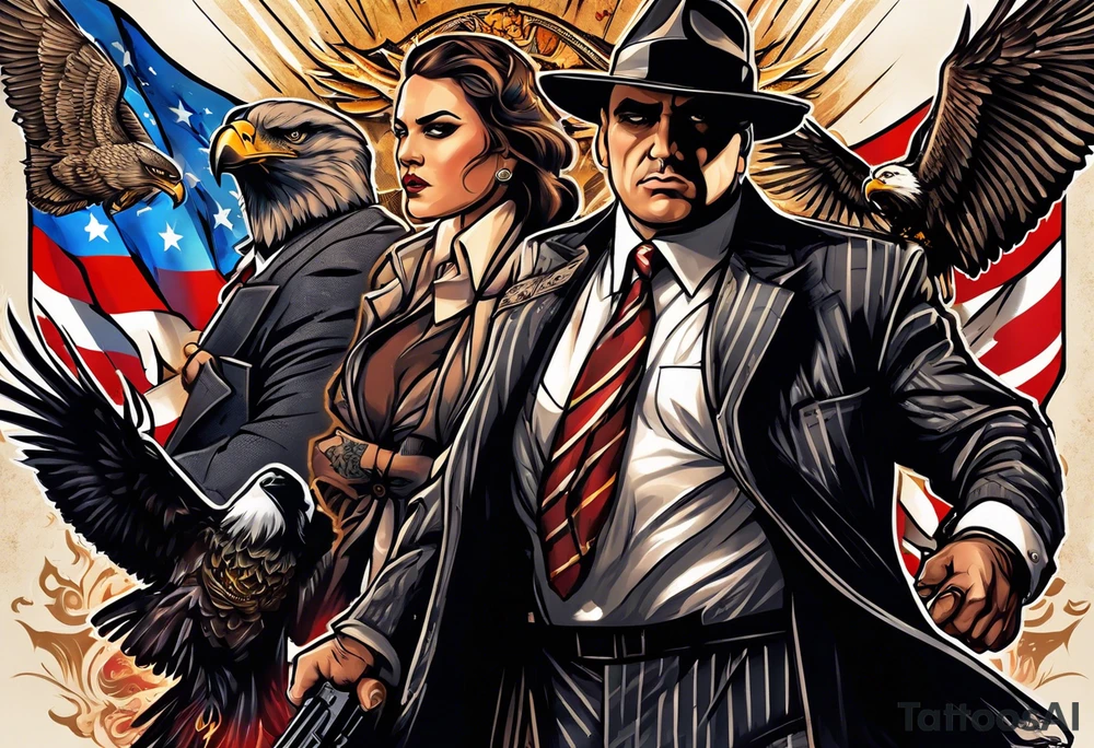 capone style gangsters battling with machine guns against a dark flame background with an angry eagle swooping in with american flag and sexy women tattoo idea