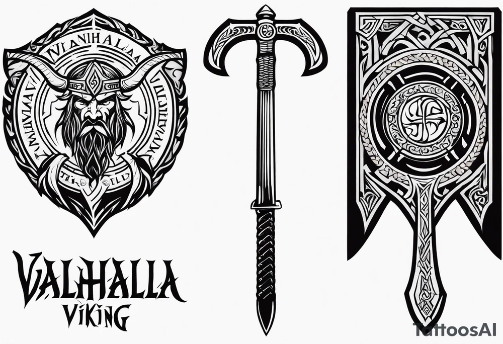 Valhalla viking gods shield hatchet sword tattoo idea