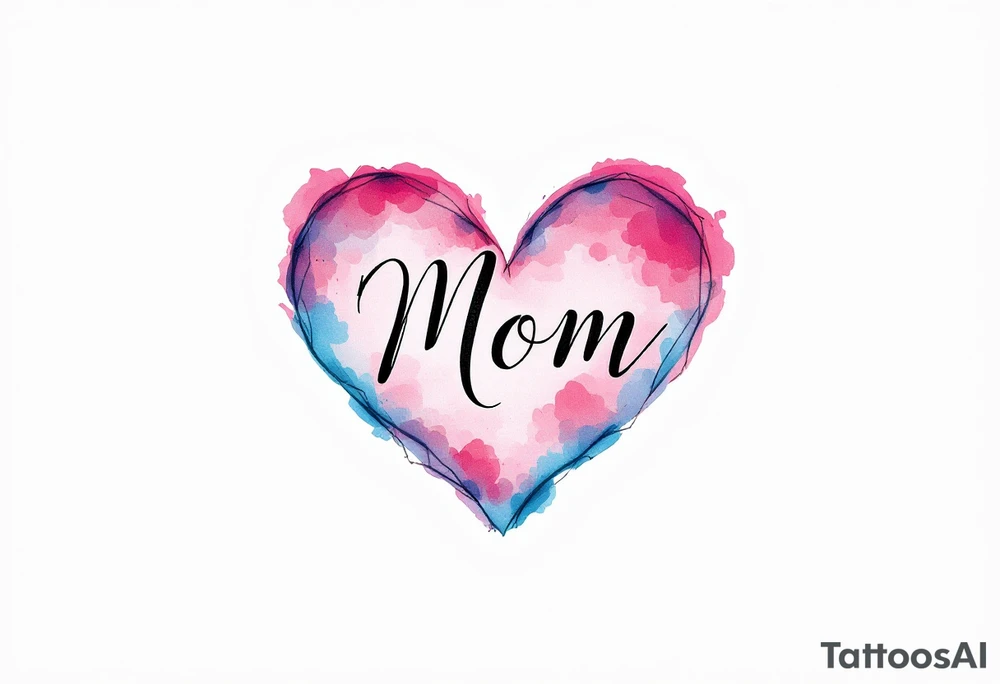 A watercolor heart in pink and blue with the word “Mom” scripted across it in elegant cursive. tattoo idea