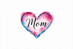 A watercolor heart in pink and blue with the word “Mom” scripted across it in elegant cursive. tattoo idea