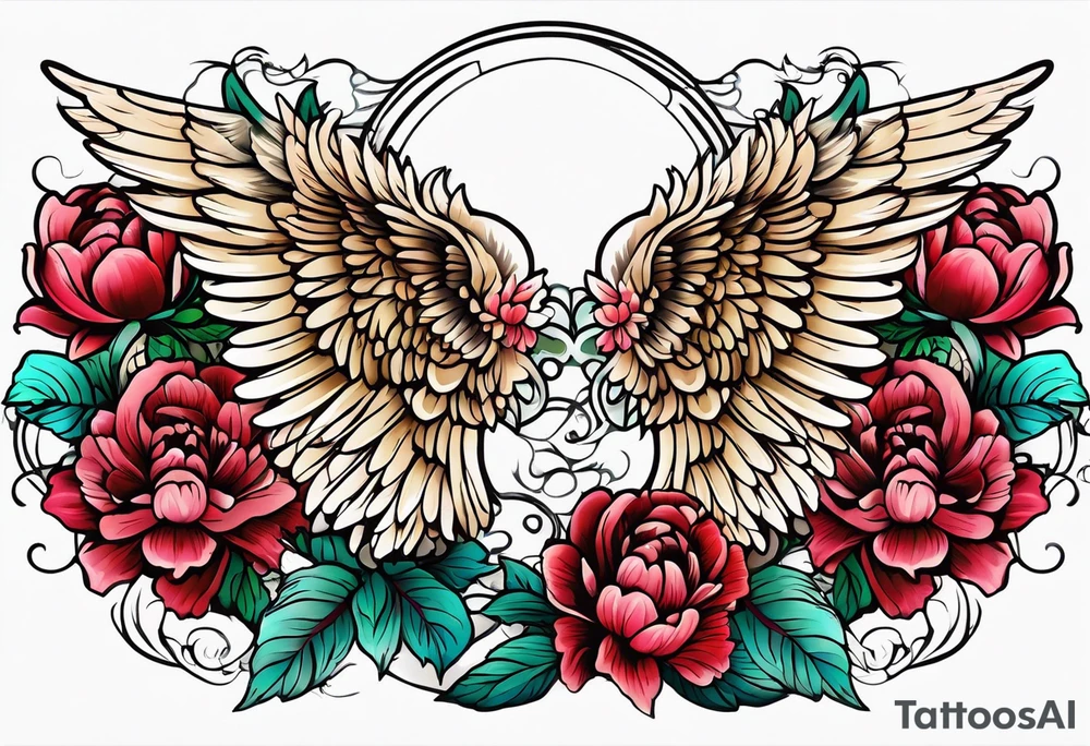 beautiful angel wings with colorful, peonies. beautiful flilligree in the background , full color, traditional old school , white background tattoo idea