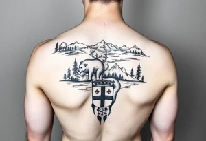 A armsleeve with the Härjedalen landscape, reindeer, bear, lakes, mountains (Helags), cross and Härjedalen's coat of arms on the hand tattoo idea