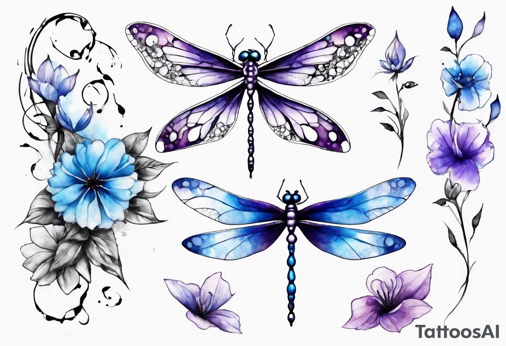 half sleeve with small flowers and a blue and purple watercolor dragonfly with a semicolon for the body tattoo idea