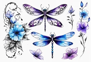 half sleeve with small flowers and a blue and purple watercolor dragonfly with a semicolon for the body tattoo idea