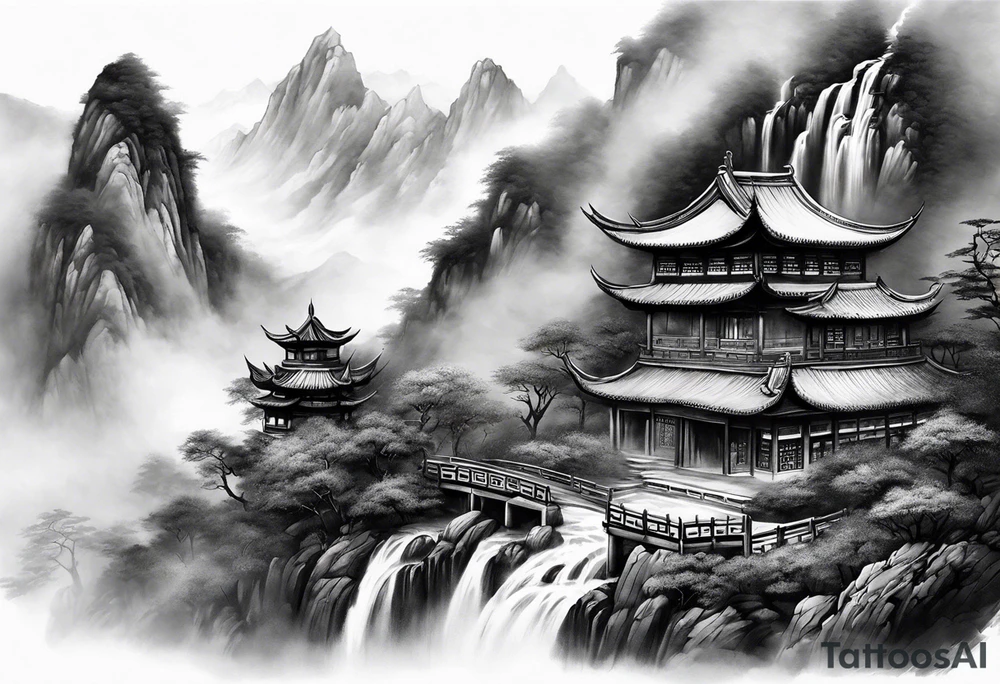 forearm sleeve traditional chinese art painting style mountains mist fog waterfall Chinese temple two old men wearing robes and drinking tea tattoo idea