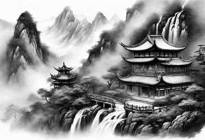 forearm sleeve traditional chinese art painting style mountains mist fog waterfall Chinese temple two old men wearing robes and drinking tea tattoo idea