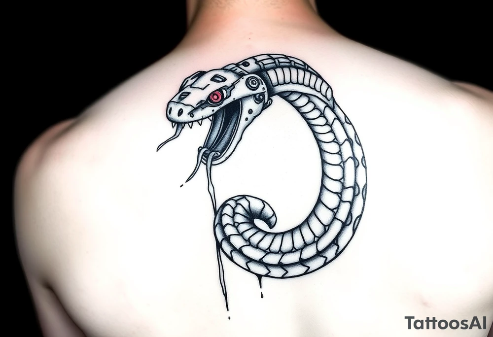 A Cybernetic Snake Biting Its Own Tail (Ouroboros Style)
The classic ouroboros but partially robotic, its fangs dripping neon coolant.
Could be wrapped around a futuristic engine or a broken motherboard.
Eyes flickering between red error codes and reptilian slits. tattoo idea