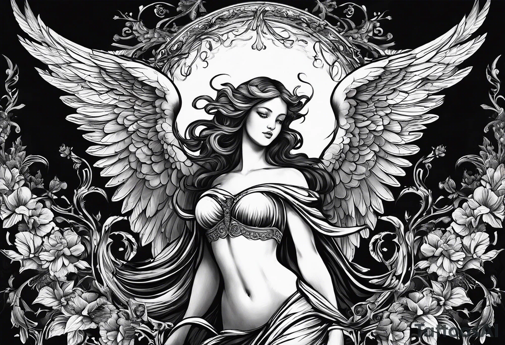 Depict a guardian angel and its malevolent shadow, emphasizing the internal conflict between the desire to do good and the temptation to give in to darker impulses. tattoo idea