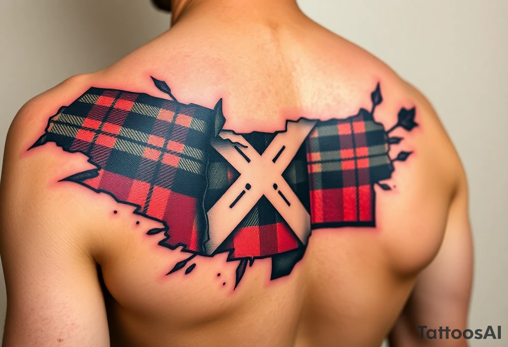 Scotland the brave tartan on left shoulder with skin peeling back to reveal tartan underneath tattoo idea