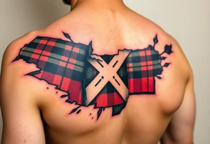 Scotland the brave tartan on left shoulder with skin peeling back to reveal tartan underneath tattoo idea